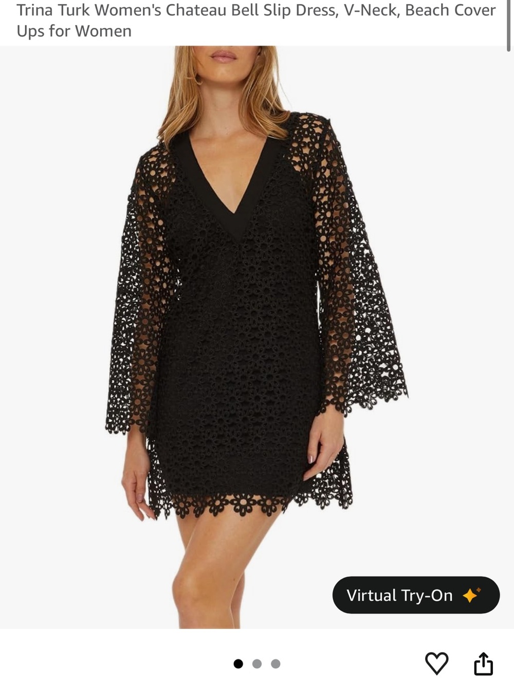 Trina Turk Black Chateau Bell Crochet V-Neck Bell-Sleeve Swim Coverup Dress
